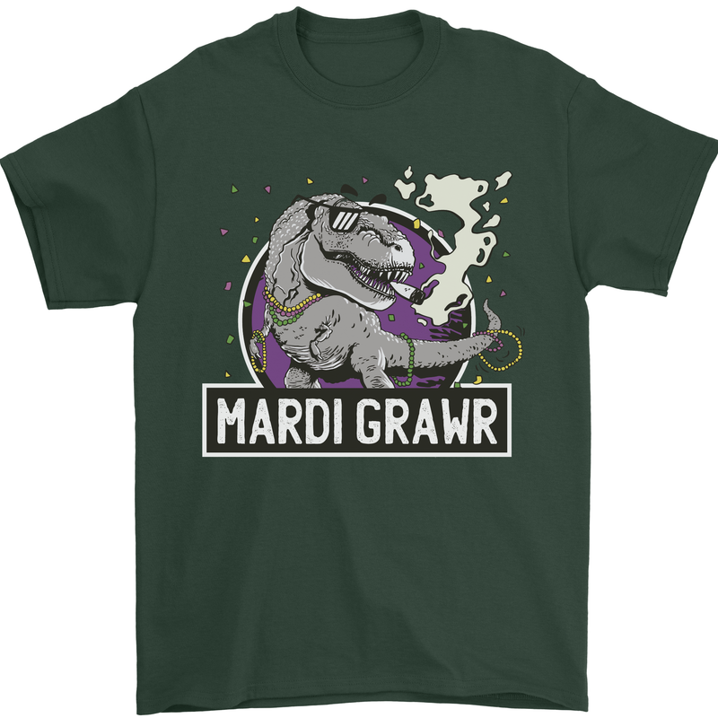 Funny T-Rex Mardi Gras Grawr Dinosaur Mens T-Shirt 100% Cotton Forest Green