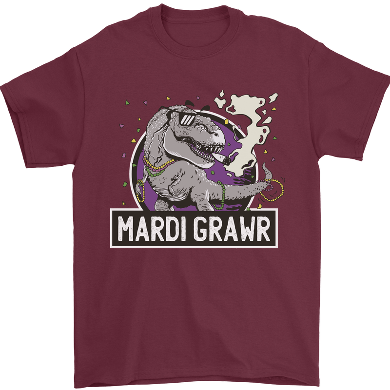 Funny T-Rex Mardi Gras Grawr Dinosaur Mens T-Shirt 100% Cotton Maroon