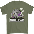 Funny T-Rex Mardi Gras Grawr Dinosaur Mens T-Shirt 100% Cotton Military Green