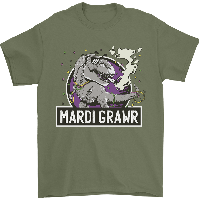 Funny T-Rex Mardi Gras Grawr Dinosaur Mens T-Shirt 100% Cotton Military Green