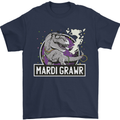 Funny T-Rex Mardi Gras Grawr Dinosaur Mens T-Shirt 100% Cotton Navy Blue