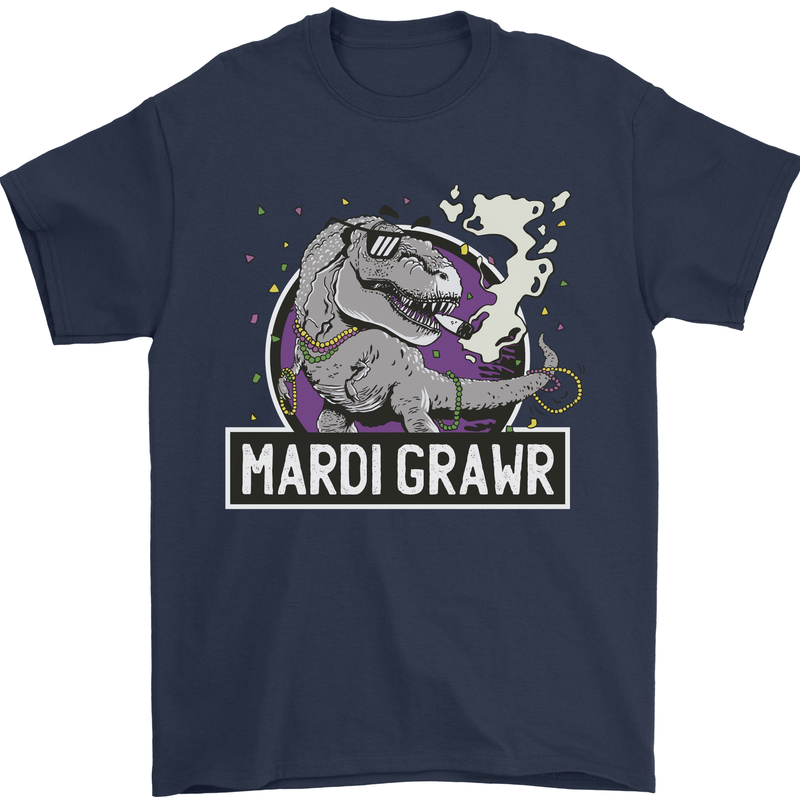 Funny T-Rex Mardi Gras Grawr Dinosaur Mens T-Shirt 100% Cotton Navy Blue