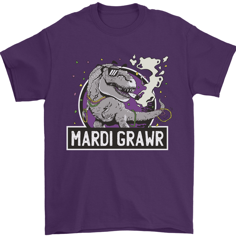 Funny T-Rex Mardi Gras Grawr Dinosaur Mens T-Shirt 100% Cotton Purple