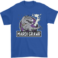 Funny T-Rex Mardi Gras Grawr Dinosaur Mens T-Shirt 100% Cotton Royal Blue