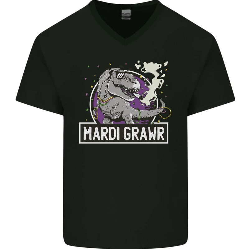 Funny T-Rex Mardi Gras Grawr Dinosaur Mens V-Neck Cotton T-Shirt Black