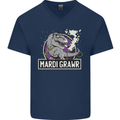 Funny T-Rex Mardi Gras Grawr Dinosaur Mens V-Neck Cotton T-Shirt Navy Blue