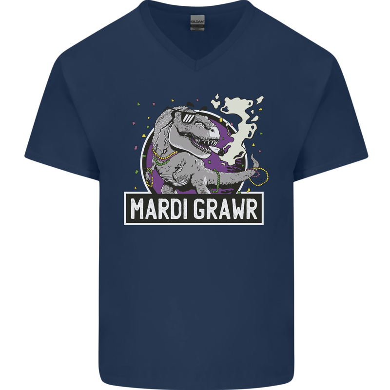 Funny T-Rex Mardi Gras Grawr Dinosaur Mens V-Neck Cotton T-Shirt Navy Blue