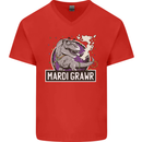 Funny T-Rex Mardi Gras Grawr Dinosaur Mens V-Neck Cotton T-Shirt Red