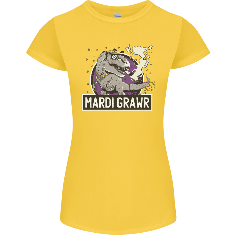 Funny T-Rex Mardi Gras Grawr Dinosaur Womens Petite Cut T-Shirt Yellow
