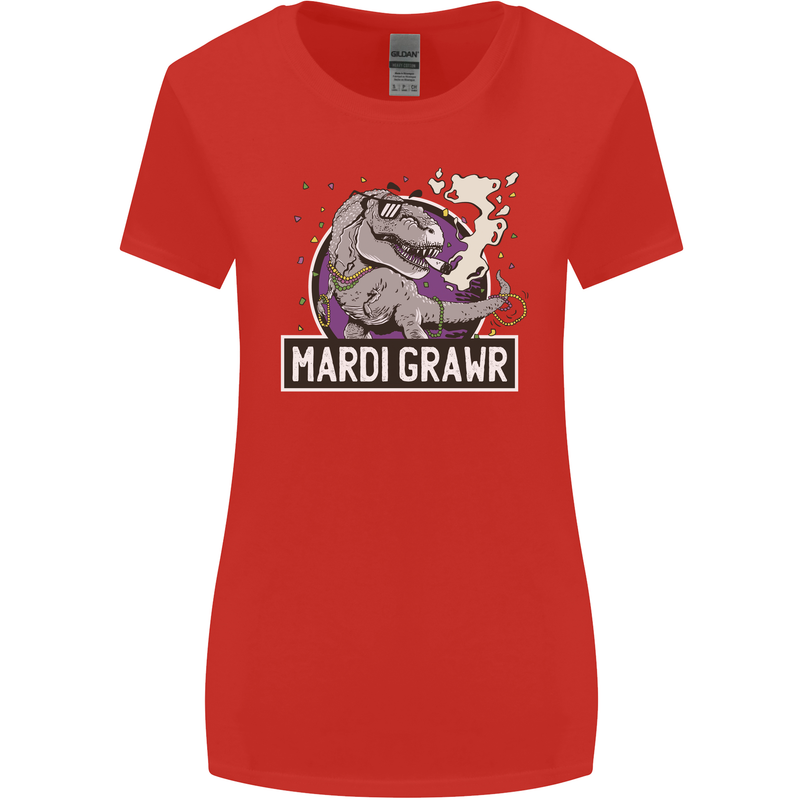 Funny T-Rex Mardi Gras Grawr Dinosaur Womens Wider Cut T-Shirt Red