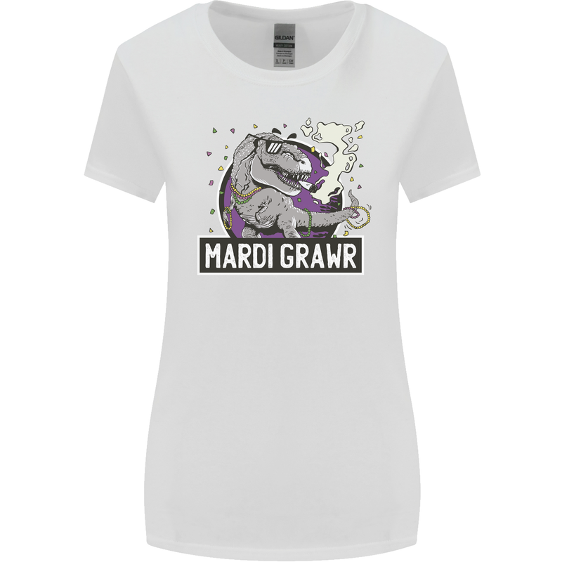 Funny T-Rex Mardi Gras Grawr Dinosaur Womens Wider Cut T-Shirt White
