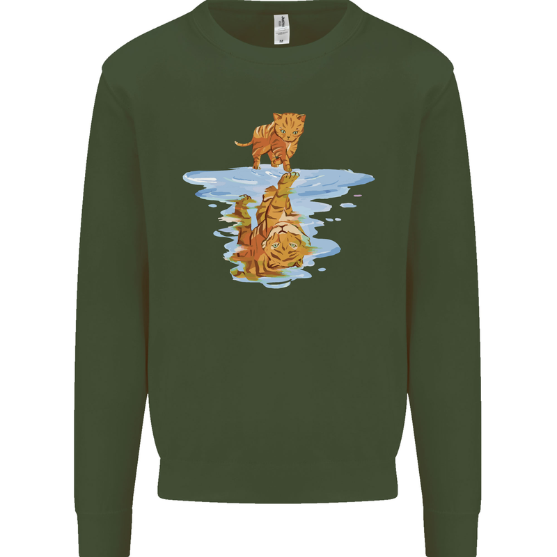 Funny Tiger Cat Reflection Kids Sweatshirt Jumper Forest Green