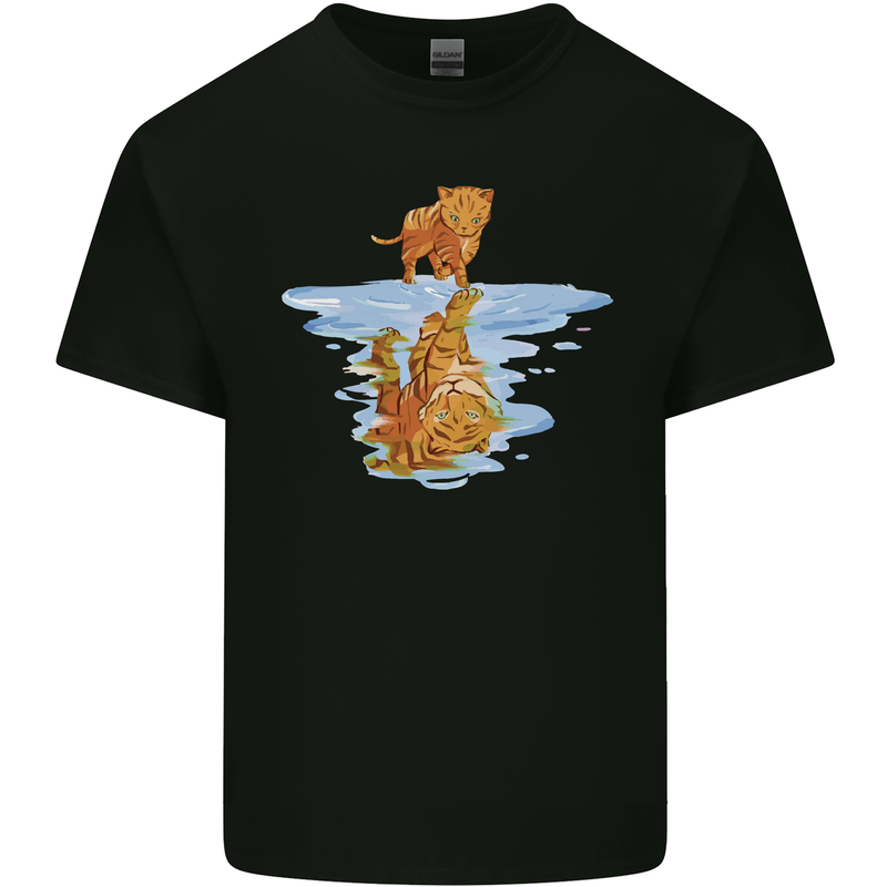 Funny Tiger Cat Reflection Mens Cotton T-Shirt Tee Top Black