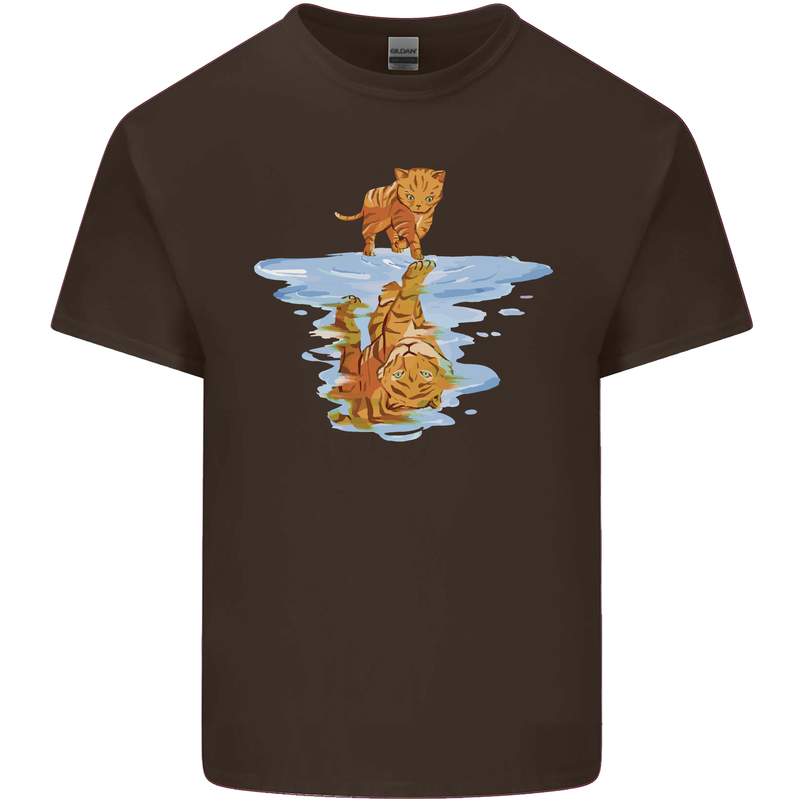 Funny Tiger Cat Reflection Mens Cotton T-Shirt Tee Top Dark Chocolate