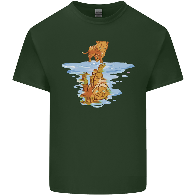 Funny Tiger Cat Reflection Mens Cotton T-Shirt Tee Top Forest Green