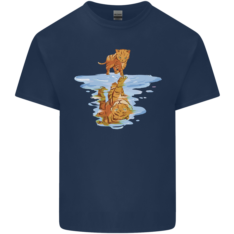 Funny Tiger Cat Reflection Mens Cotton T-Shirt Tee Top Navy Blue