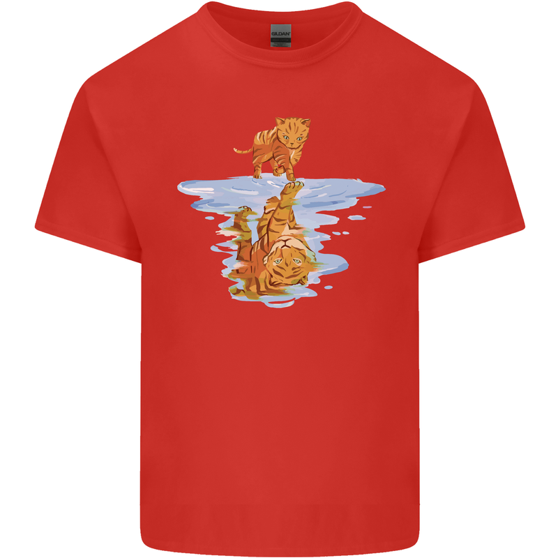 Funny Tiger Cat Reflection Mens Cotton T-Shirt Tee Top Red