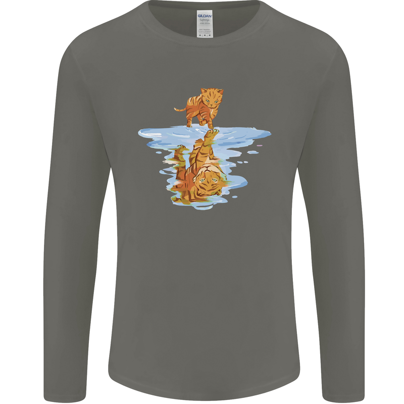 Funny Tiger Cat Reflection Mens Long Sleeve T-Shirt Charcoal