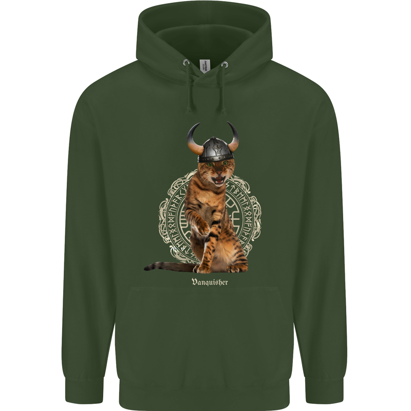 Funny Viking Cat The Vanquisher Childrens Kids Hoodie Forest Green