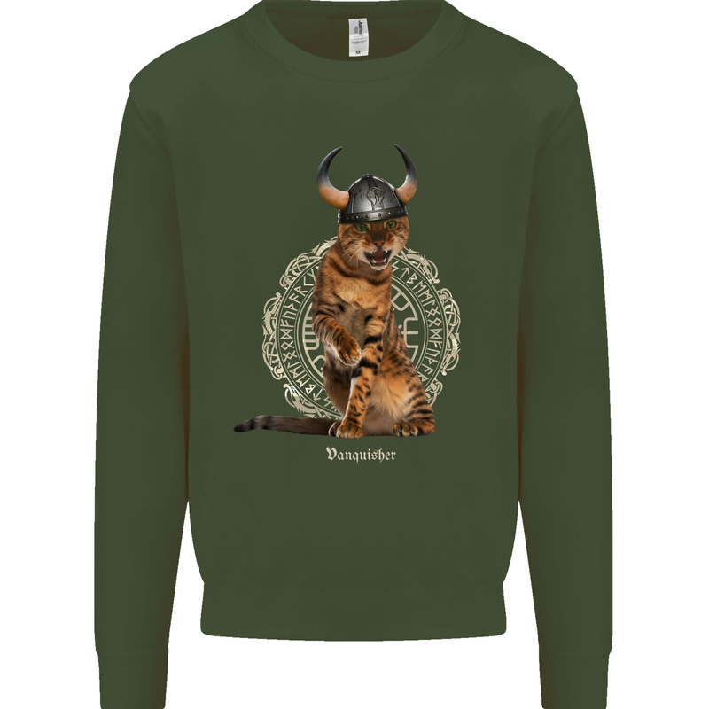 Funny Viking Cat The Vanquisher Kids Sweatshirt Jumper Forest Green