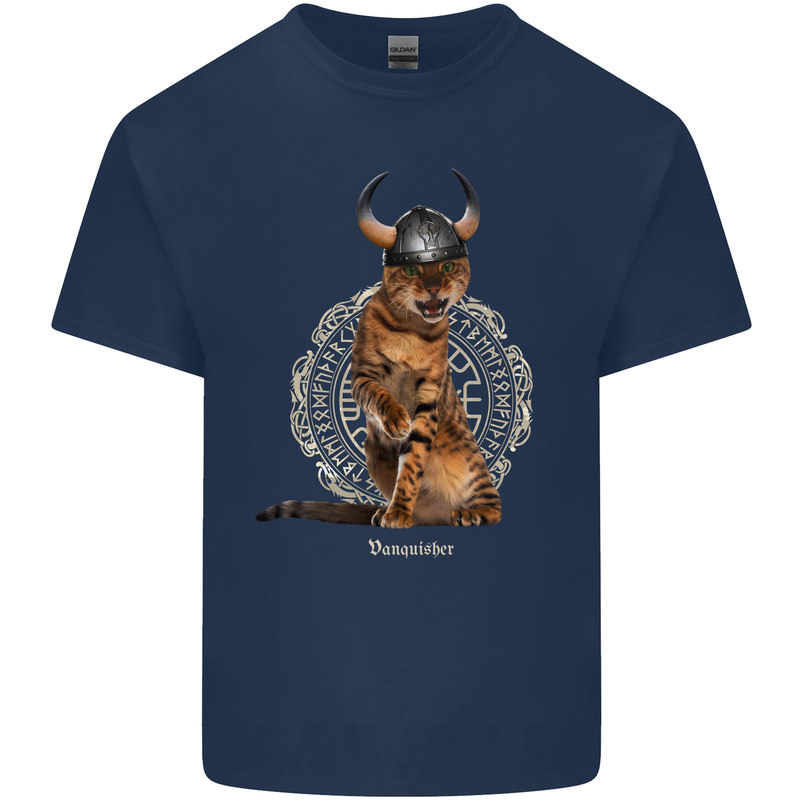 Funny Viking Cat The Vanquisher Mens Cotton T-Shirt Tee Top Navy Blue