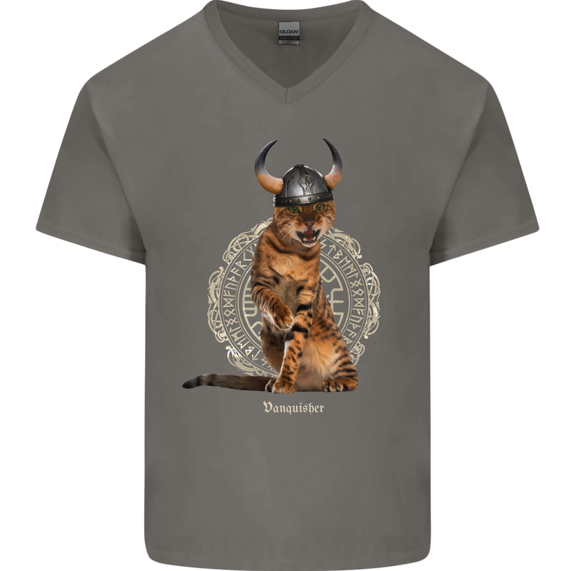 Funny Viking Cat The Vanquisher Mens V-Neck Cotton T-Shirt Charcoal