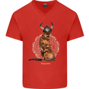 Funny Viking Cat The Vanquisher Mens V-Neck Cotton T-Shirt Red