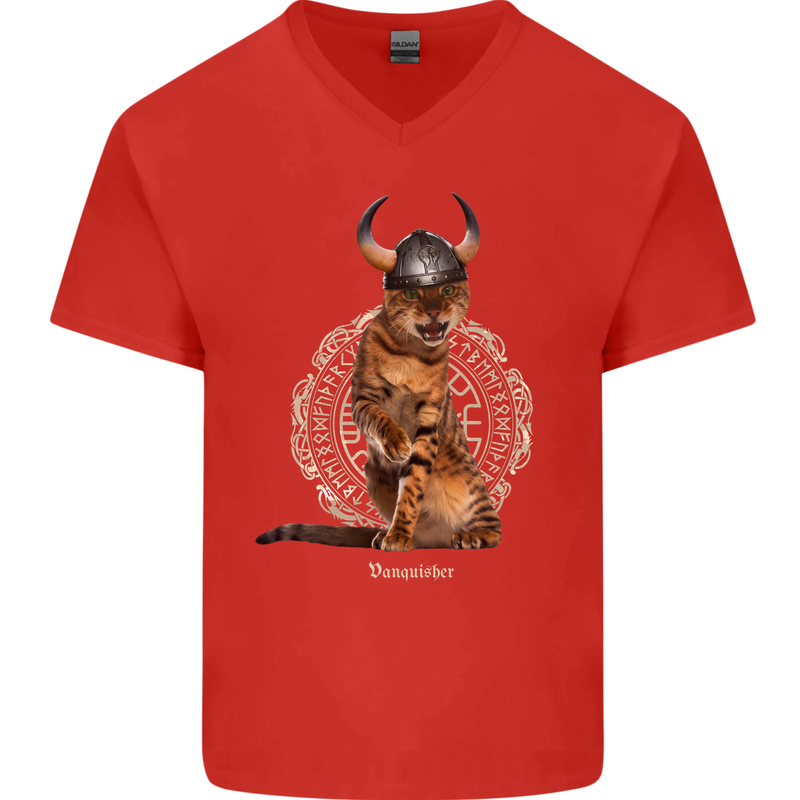 Funny Viking Cat The Vanquisher Mens V-Neck Cotton T-Shirt Red