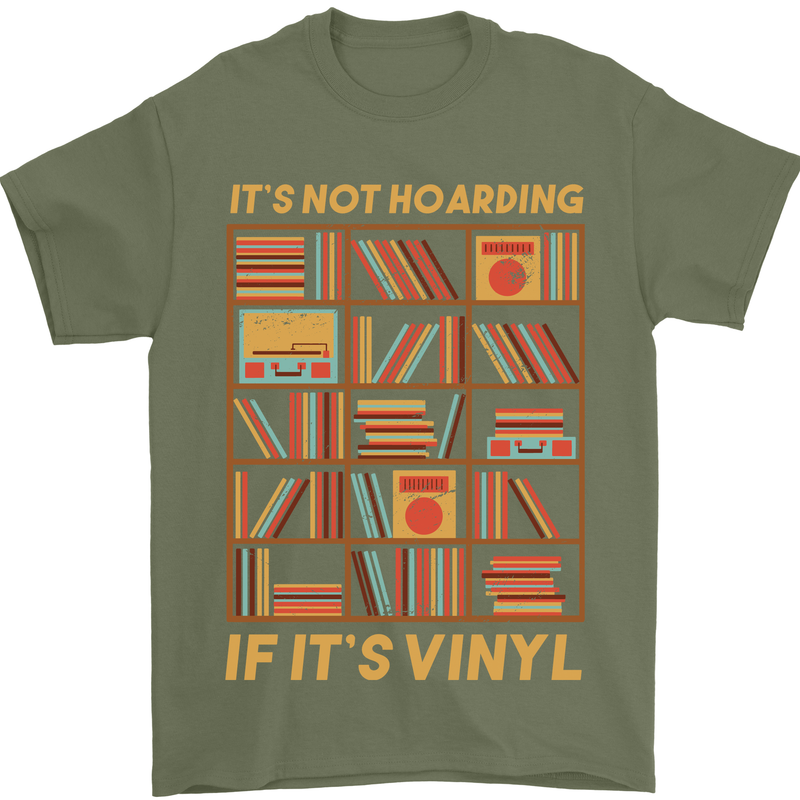 Funny Vinyl Records Turntable Music LP Mens T-Shirt 100% Cotton Military Green