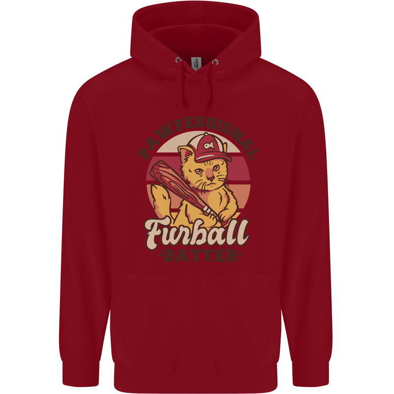 Furball Batter Funny Cat Baseball Humour Childrens Kids Hoodie Red