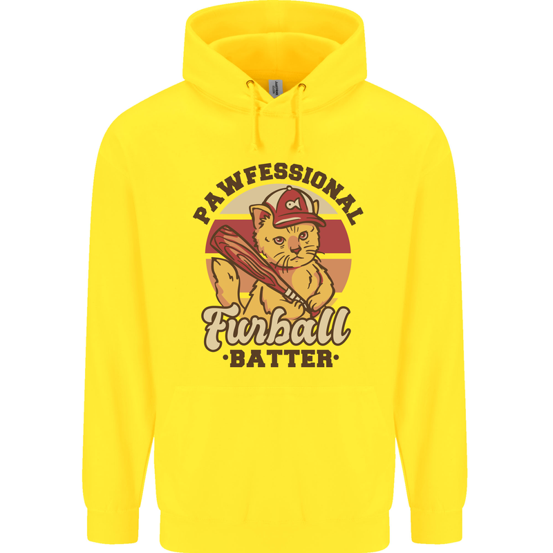 Furball Batter Funny Cat Baseball Humour Childrens Kids Hoodie Yellow
