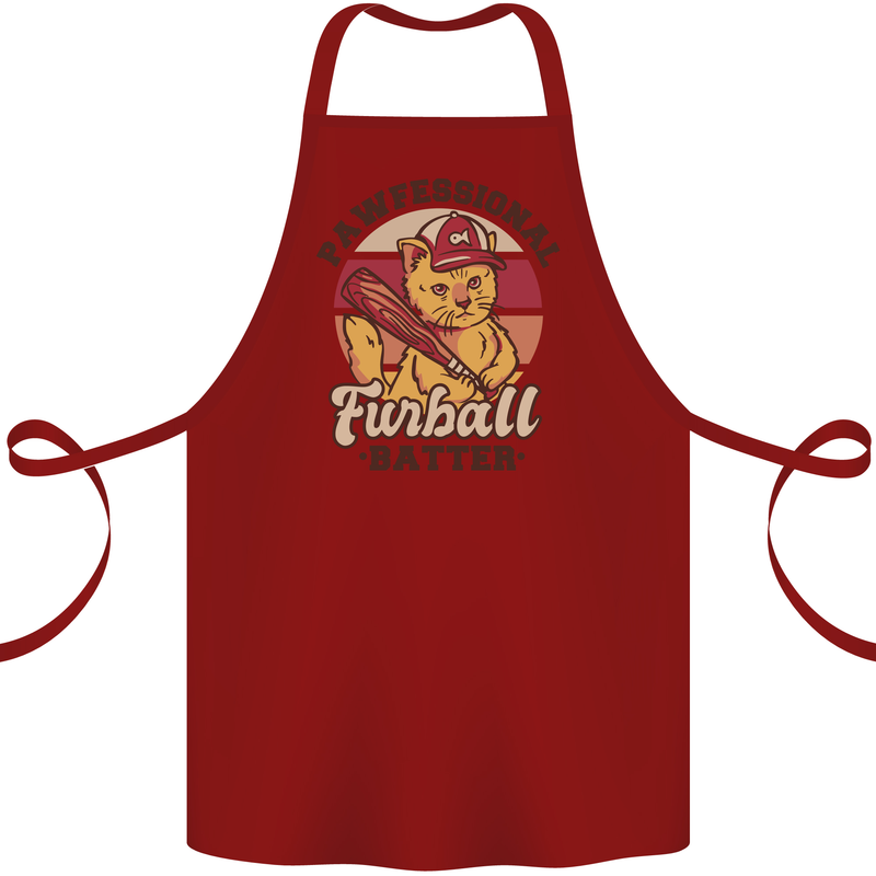 Furball Batter Funny Cat Baseball Humour Cotton Apron 100% Organic Maroon