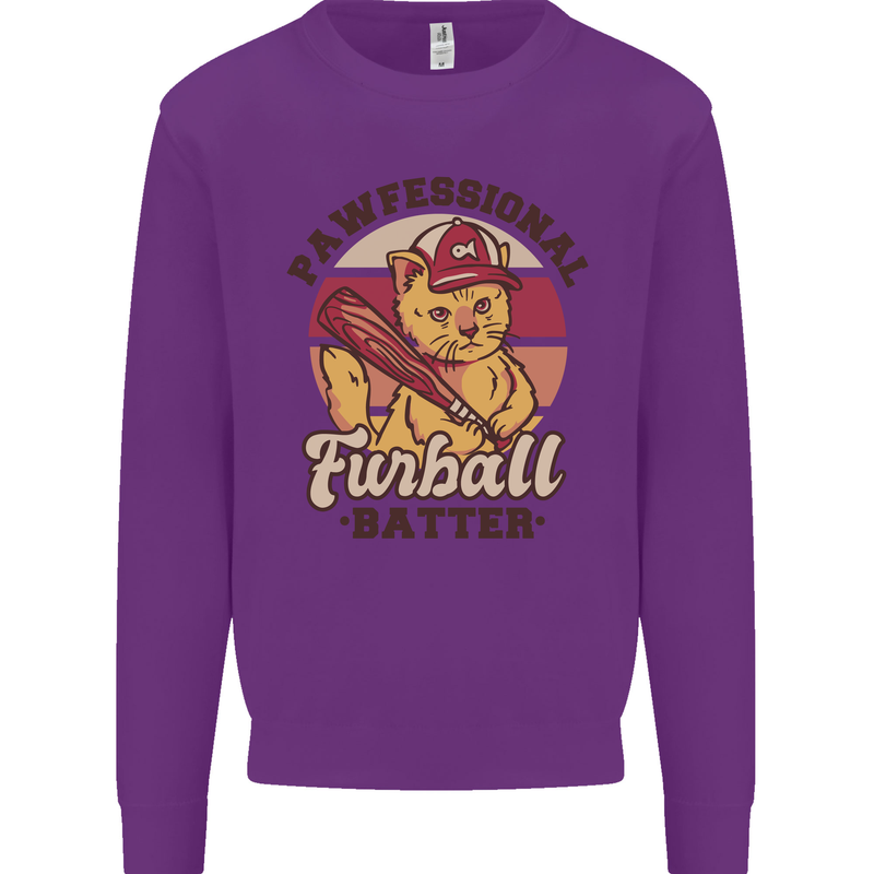 Furball Batter Funny Cat Baseball Humour Kids Sweatshirt Jumper Purple