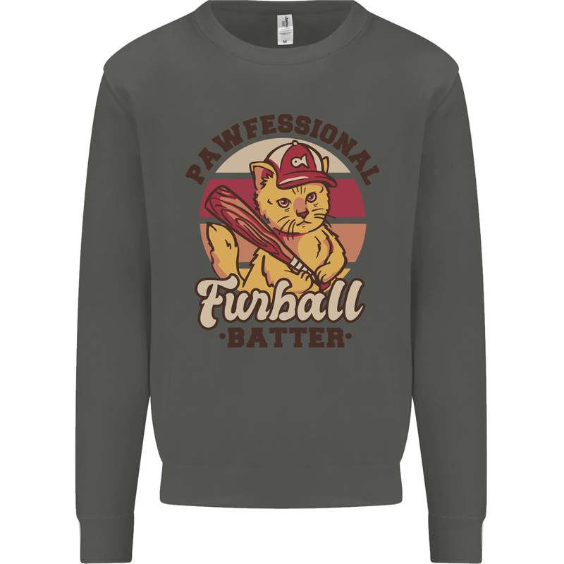 Furball Batter Funny Cat Baseball Humour Kids Sweatshirt Jumper Storm Grey