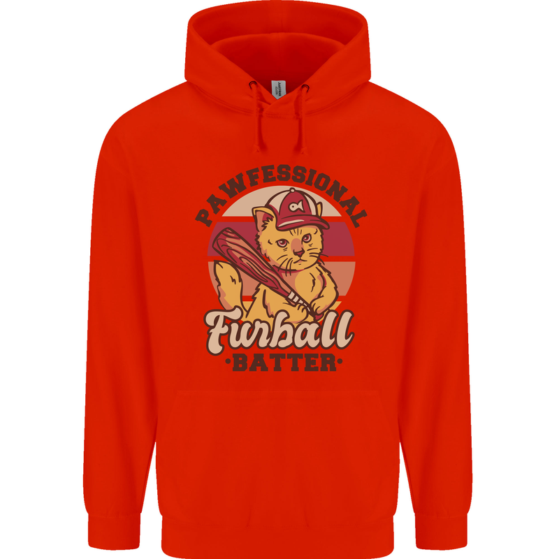 Furball Batter Funny Cat Baseball Humour Mens 80% Cotton Hoodie Bright Red