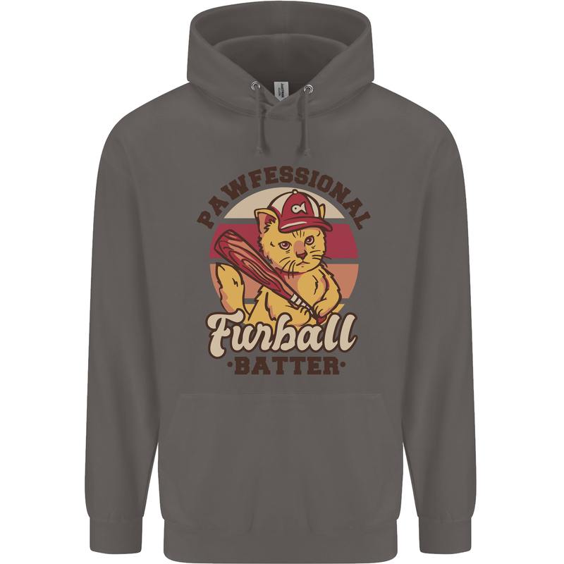 Furball Batter Funny Cat Baseball Humour Mens 80% Cotton Hoodie Charcoal