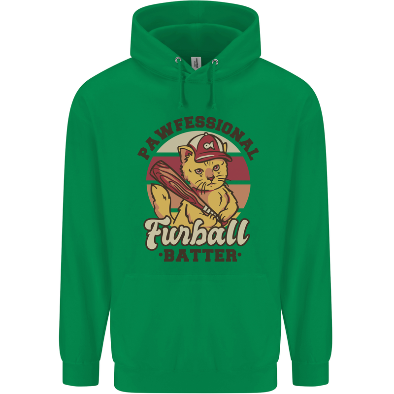 Furball Batter Funny Cat Baseball Humour Mens 80% Cotton Hoodie Irish Green