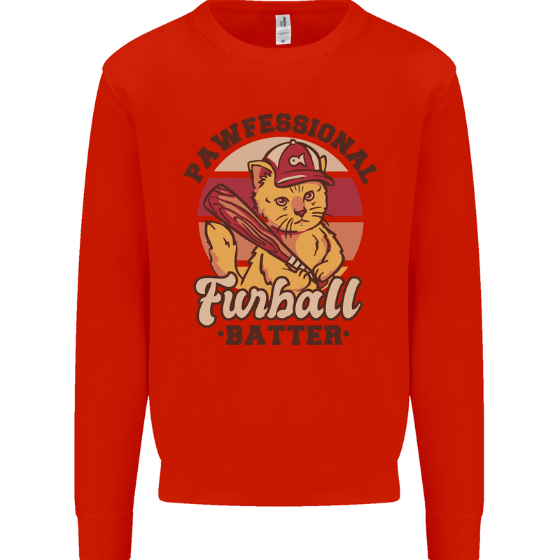 Furball Batter Funny Cat Baseball Humour Mens Sweatshirt Jumper Bright Red
