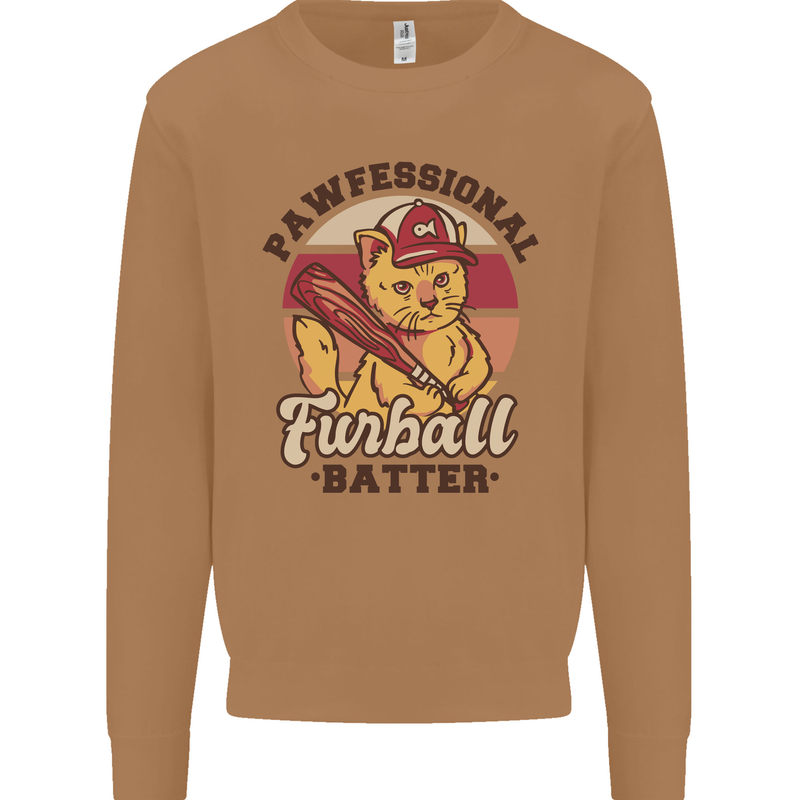 Furball Batter Funny Cat Baseball Humour Mens Sweatshirt Jumper Caramel Latte