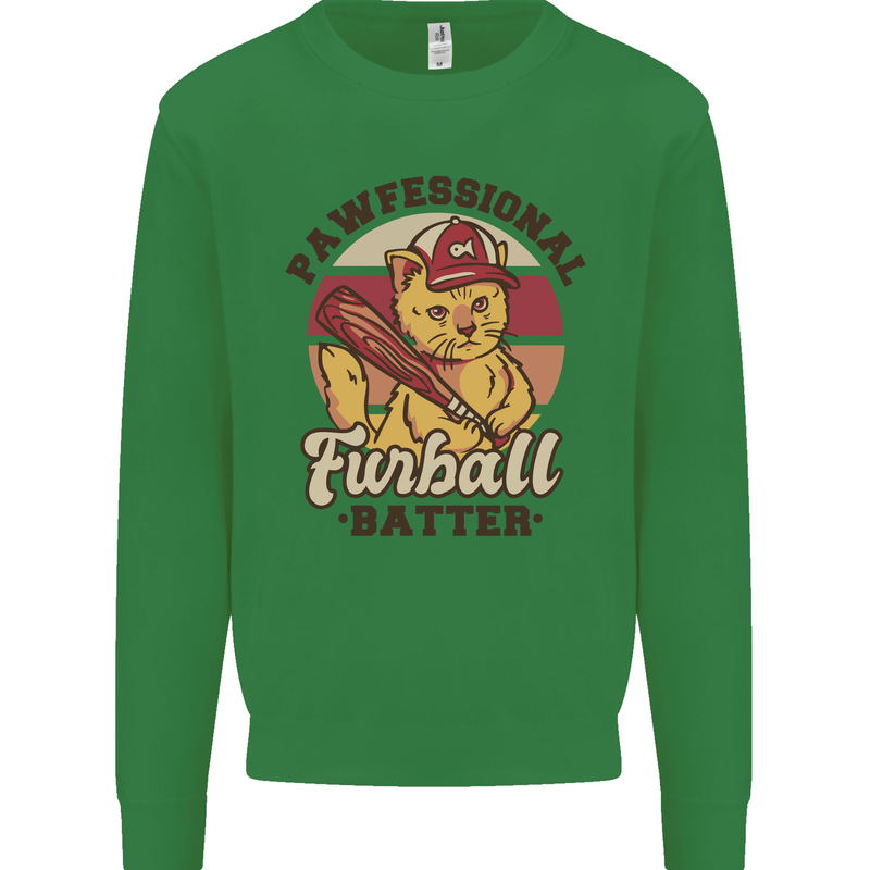 Furball Batter Funny Cat Baseball Humour Mens Sweatshirt Jumper Irish Green
