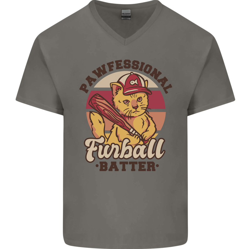 Furball Batter Funny Cat Baseball Humour Mens V-Neck Cotton T-Shirt Charcoal