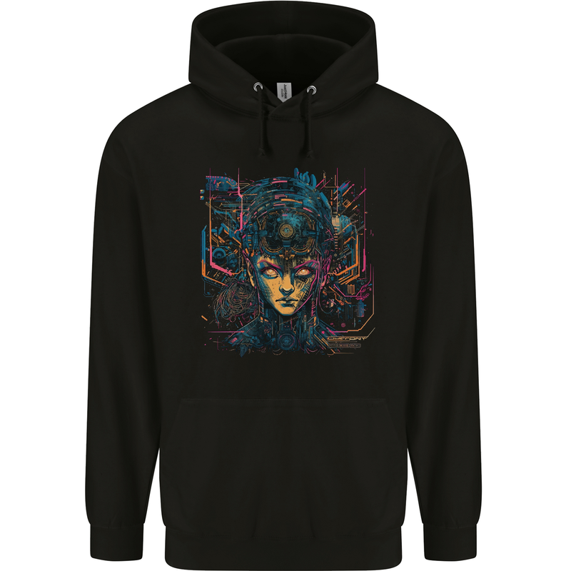 Futuristic Cyberpunk Girl Crypto Alien, Mens 80% Cotton Hoodie Black