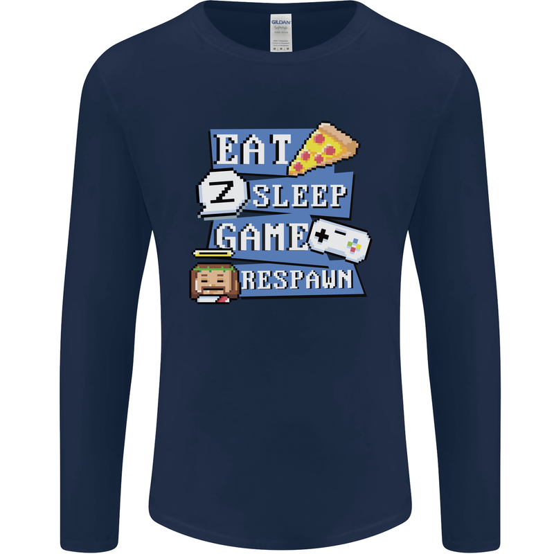 Gaming Eat Sleep Game Respawn Gamer Arcade Mens Long Sleeve T-Shirt Navy Blue
