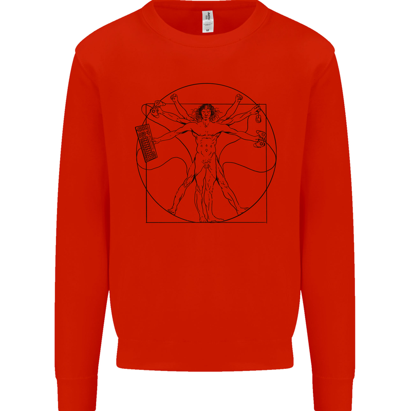 Gaming Vitruvian Gamer Funny Video Games Kids Sweatshirt Jumper Bright Red