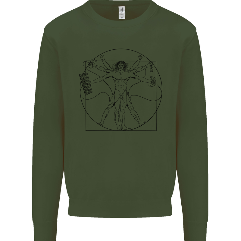 Gaming Vitruvian Gamer Funny Video Games Kids Sweatshirt Jumper Forest Green
