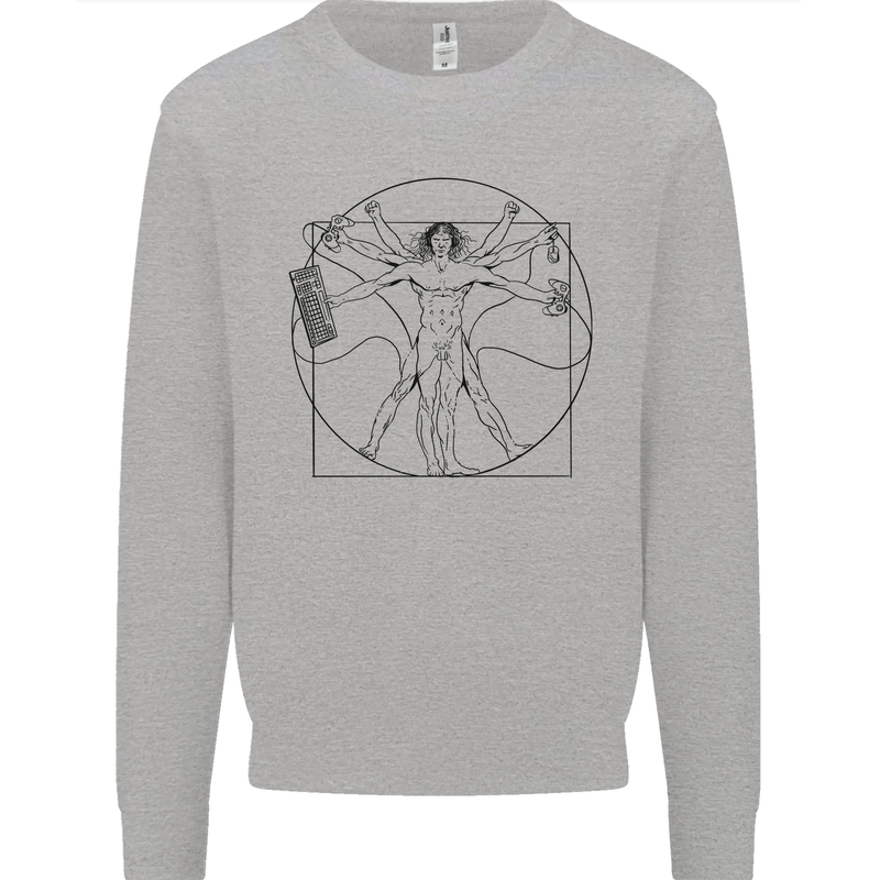 Gaming Vitruvian Gamer Funny Video Games Kids Sweatshirt Jumper Sports Grey