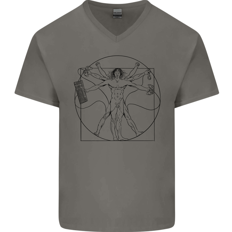 Gaming Vitruvian Gamer Funny Video Games Mens V-Neck Cotton T-Shirt Charcoal