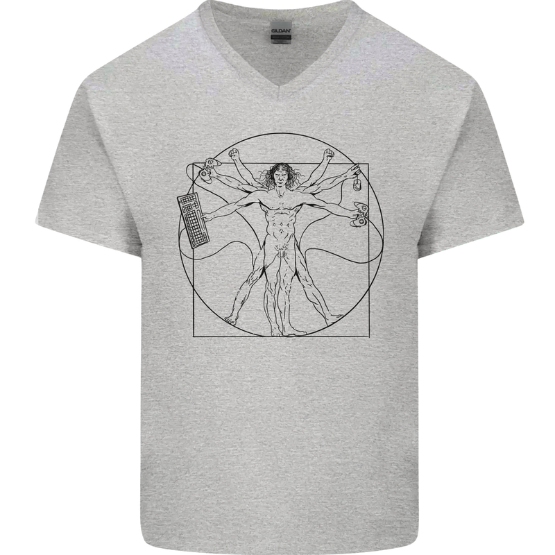 Gaming Vitruvian Gamer Funny Video Games Mens V-Neck Cotton T-Shirt Sports Grey