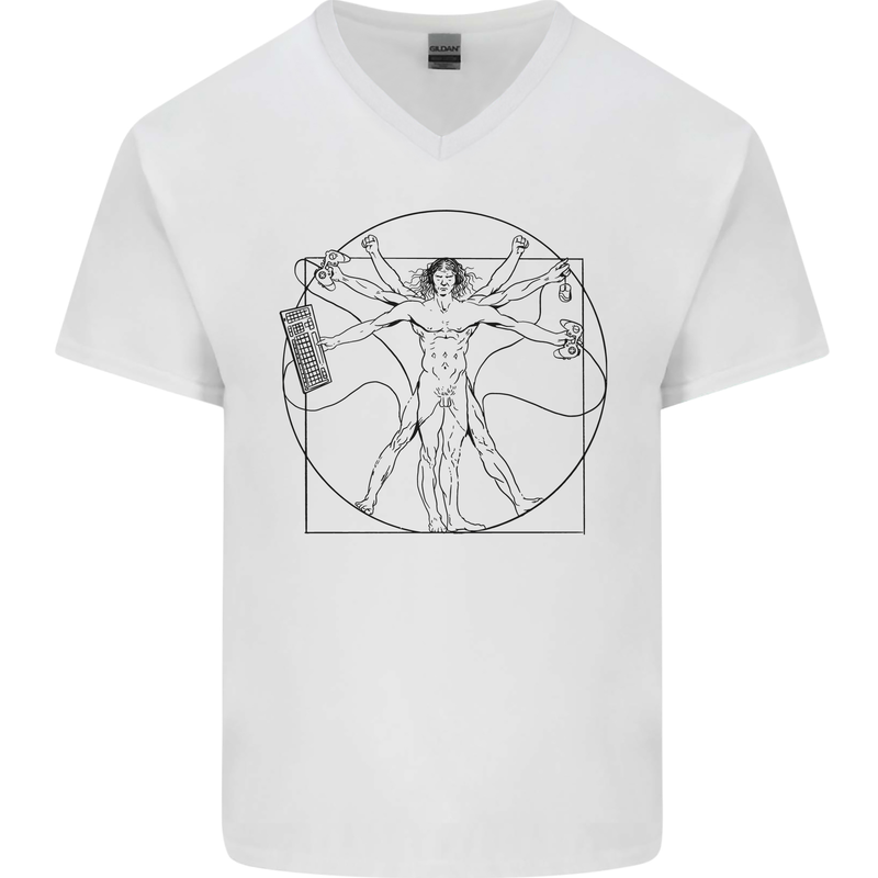 Gaming Vitruvian Gamer Funny Video Games Mens V-Neck Cotton T-Shirt White