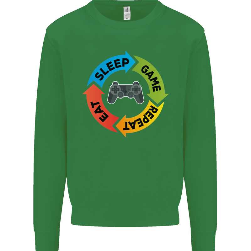 Gamming Eat Sleep Game Repeat Gamer Kids Sweatshirt Jumper Irish Green